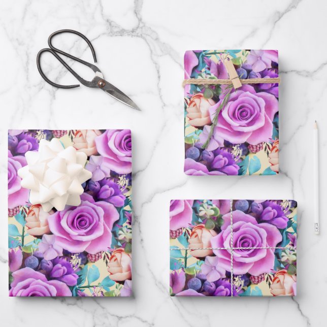 Romantic Rose Flowers Garden Wrapping Paper Sheet (Front)