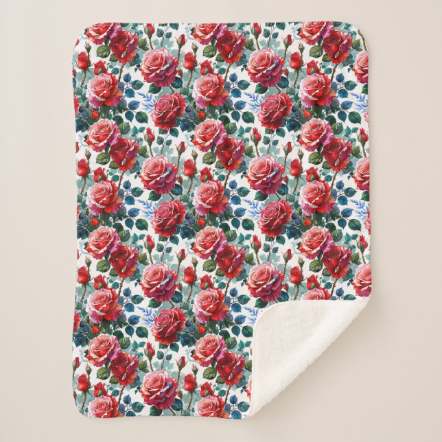 Romantic Rose Garden Print Sherpa Blanket (Front)