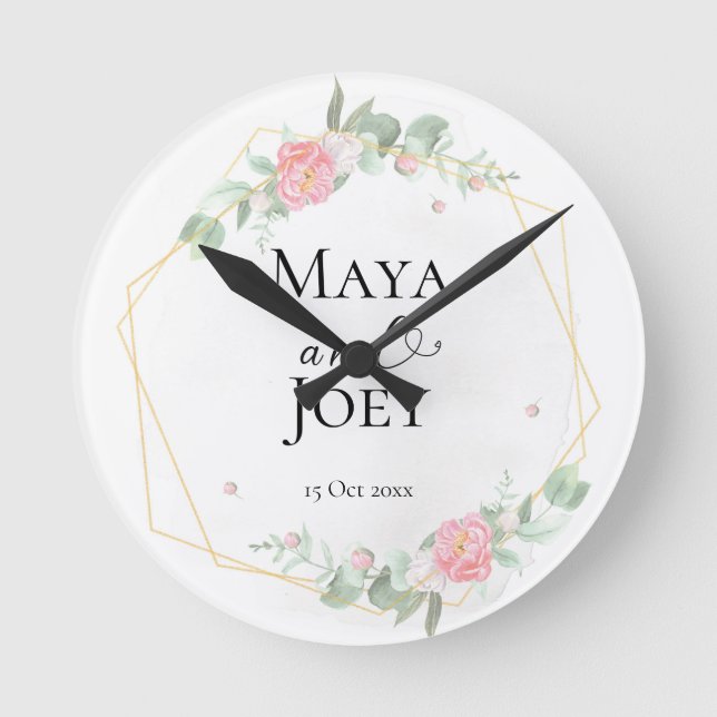 Romantic Rose Geometric Wedding Round Clock (Front)