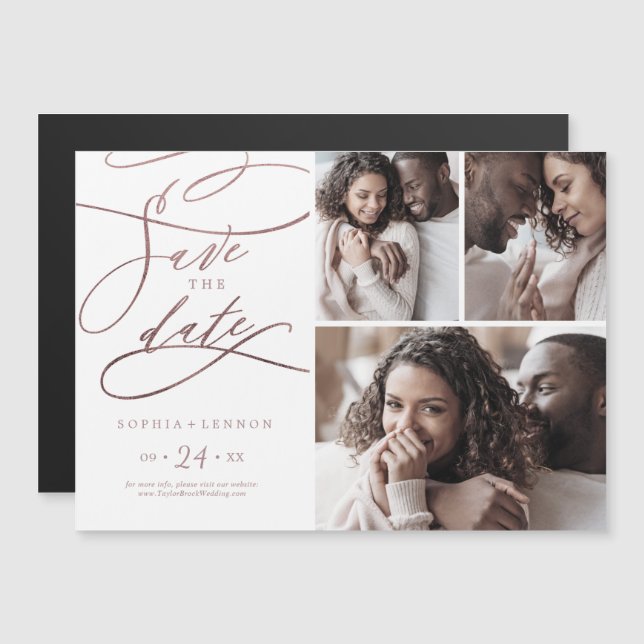 Romantic Rose Gold 3 Photo Save the Date Magnetic Invitation (Front/Back)