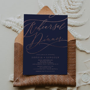 Romantic Rose Gold and Navy Blue Rehearsal Dinner Invitation