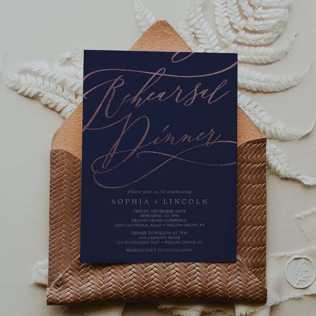 Romantic Rose Gold and Navy Blue Rehearsal Dinner Invitation (Creator Uploaded)