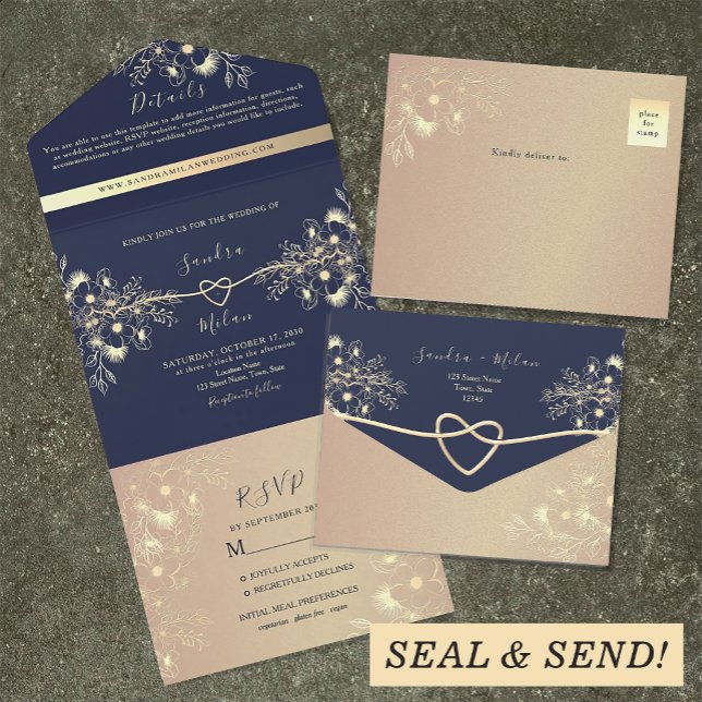 Romantic Rose Gold and Navy Wedding All In One Invitation (Creator Uploaded)