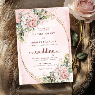 Romantic Rose Gold Blush Floral Greenery Wedding Invitation
