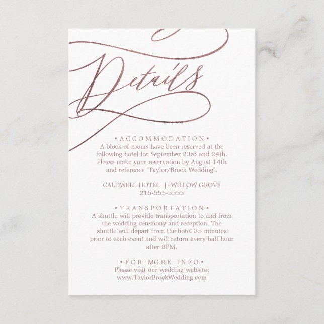 Romantic Rose Gold Calligraphy Details Enclosure Card (Front)