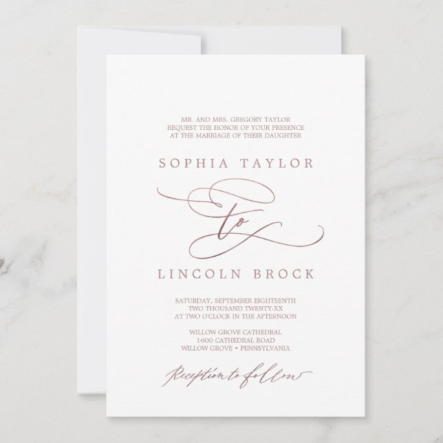 Romantic Rose Gold Calligraphy Formal Wedding Invitation (Front)