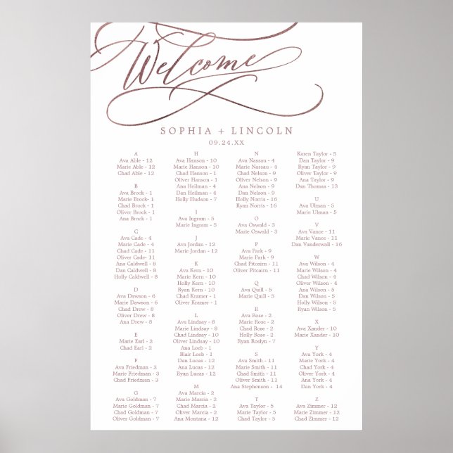 Romantic Rose Gold Calligraphy Seating Chart (Front)