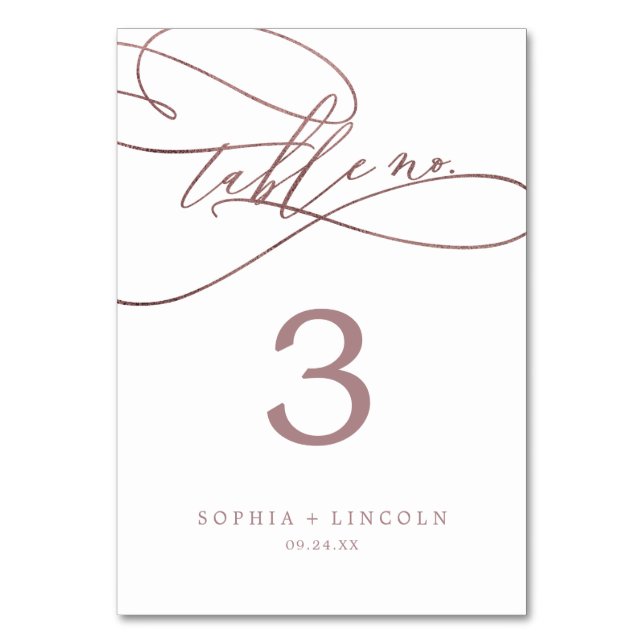 Romantic Rose Gold Calligraphy Table Number (Front)