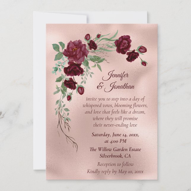 Romantic Rose Gold Floral Customizable Wedding Invitation (Front)