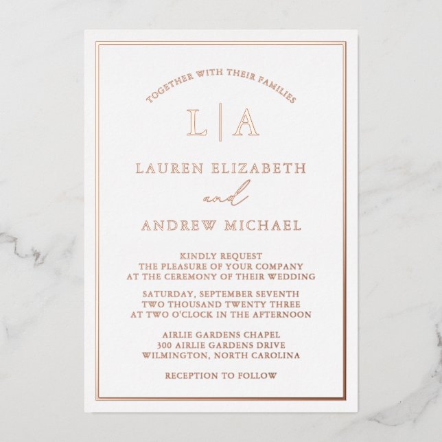 Romantic Rose Gold Foil Monogram Border Wedding (Front)