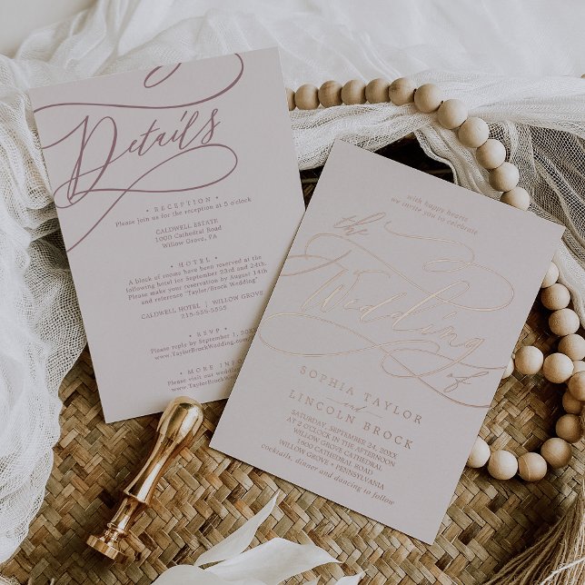 Romantic Rose Gold Foil Pink All In One Wedding (Romantic Rose Gold Foil Pink All In One Wedding Foil Invitation)