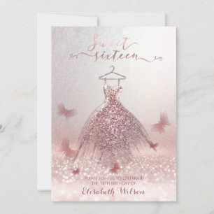 Romantic Rose gold glittery dress butterfly Invitation