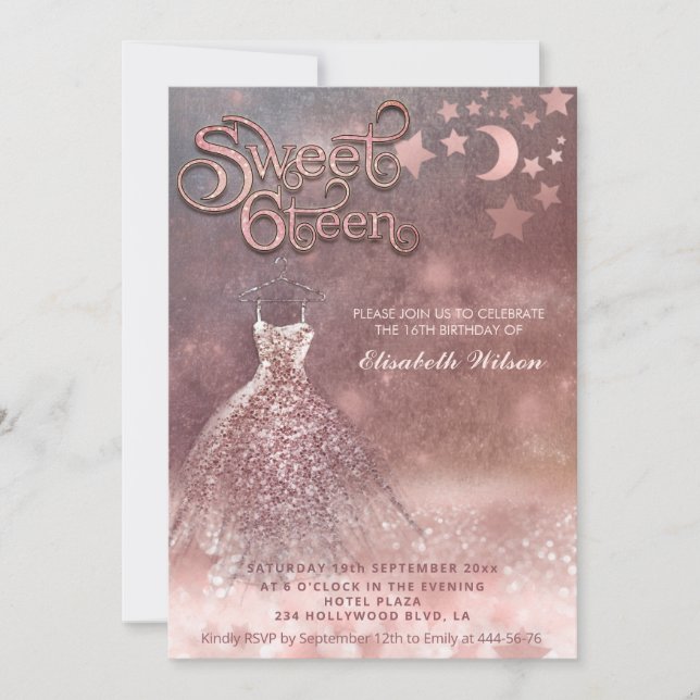 Romantic Rose gold glittery dress celestial  Invitation (Front)