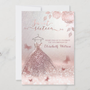 Romantic Rose gold glittery dress roses Invitati Invitation
