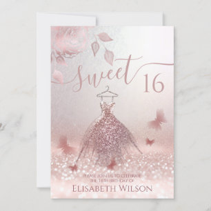 Romantic Rose gold glittery ombre dress butterfly Invitation
