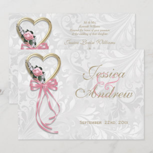 Romantic Rose, Gold Heart & Pink Ribbon Invitation
