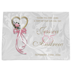 Romantic Rose, Gold Heart & Pink Ribbon Large Gift Bag
