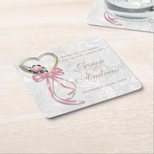 Romantic Rose, Gold Heart & Pink Ribbon Square Paper Coaster