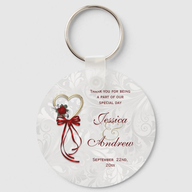 Romantic Rose, Gold Heart & Red Ribbon Key Ring (Front)