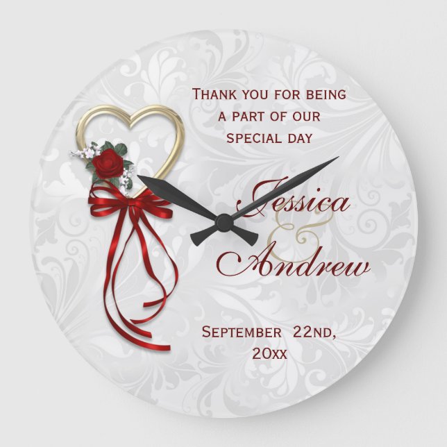 Romantic Rose, Gold Heart & Red Ribbon Large Clock (Front)