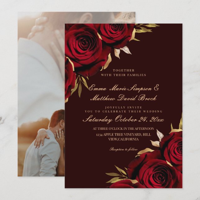 Romantic Rose Gold & Marsala Floral Wedding  Invitation (Front/Back)