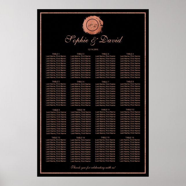 Romantic Rose Gold Monogram Wedding Seating Chart (Front)