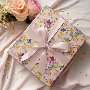 Romantic Rose Gold Queen Bee, Honeycomb & Flowers  Wrapping Paper