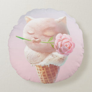 Romantic Rose: Miss Meow Pink Ice Cream Cone Art Round Cushion