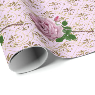 Romantic Rose  On Gold Wrapping Paper