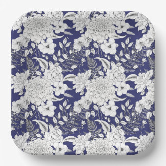 Romantic rose peony eucalyptus line drawing purple paper plate