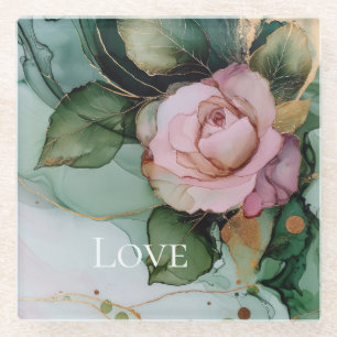 Romantic Rose Pink Gold Floral Love Glass Coaster