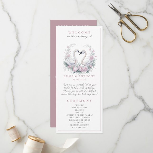 Romantic Rose Swan Couple Wedding Program Programme (Front/Back In Situ)