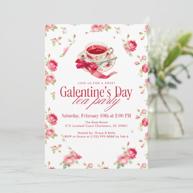 Romantic Rose Tea Cup Galentine’s Day Tea Party Invitation (Standing Front)