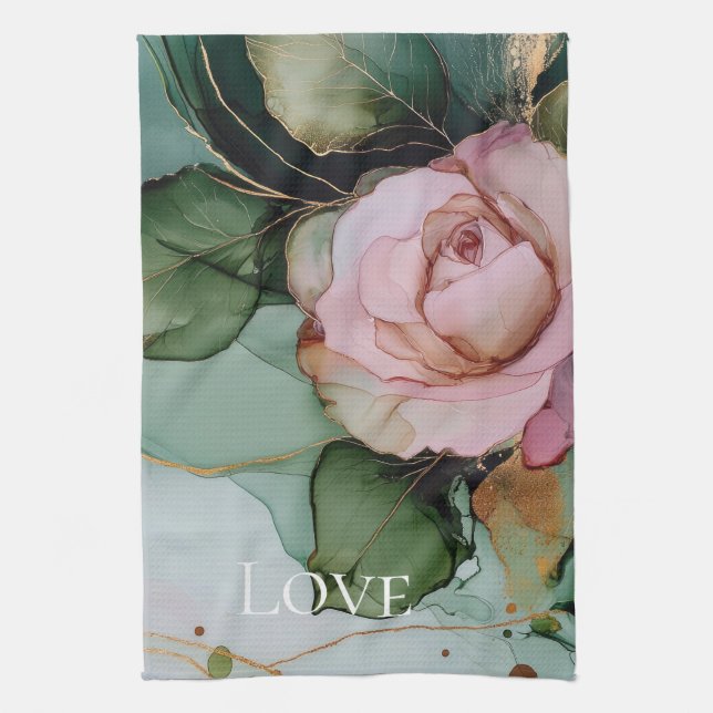 Romantic Rose White Pink Gold Floral Love  Tea Towel (Vertical)