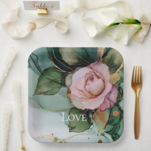 Romantic Rose White Pink Gold Floral Love Wedding Paper Plate