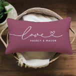 Romantic Rose Wine Love Heart Couple Names Lumbar Cushion<br><div class="desc">A romantic rose wine lumbar pillow featuring Love in flowing white heart script with customisable couple names. The elegant white-on-rose-wine design makes a beautiful wedding gift,  anniversary keepsake,  or newlywed bedroom accent. All text is fully editable to personalise with any couple's names.</div>