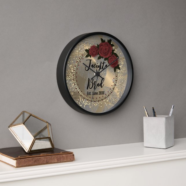 Romantic Rose Wreath Feather Wedding    Clock (Office)