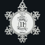 Romantic Roses 11TH eleventh wedding anniversary Snowflake Pewter Christmas Ornament<br><div class="desc">A design to help mark you eleventh wedding anniversary. A black and white illustration of banners which read 11th wedding anniversary surrounded with roses. A romantic design for couples celebrating this landmark date in their marriage.</div>