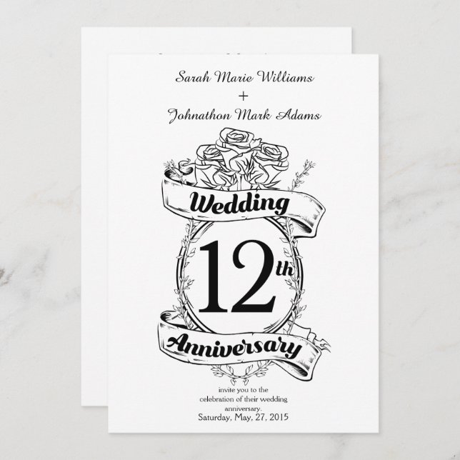 Romantic Roses 12TH twelfth wedding anniversary Invitation (Front/Back)