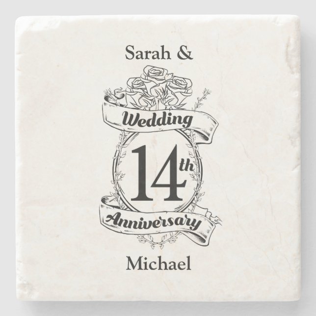 Romantic Roses 14TH fourteenth wedding anniversary Stone Coaster (Front)