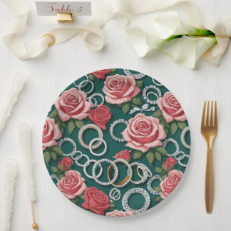 Romantic Roses And Sparkling Diamond Wedding Rings Paper Plate
