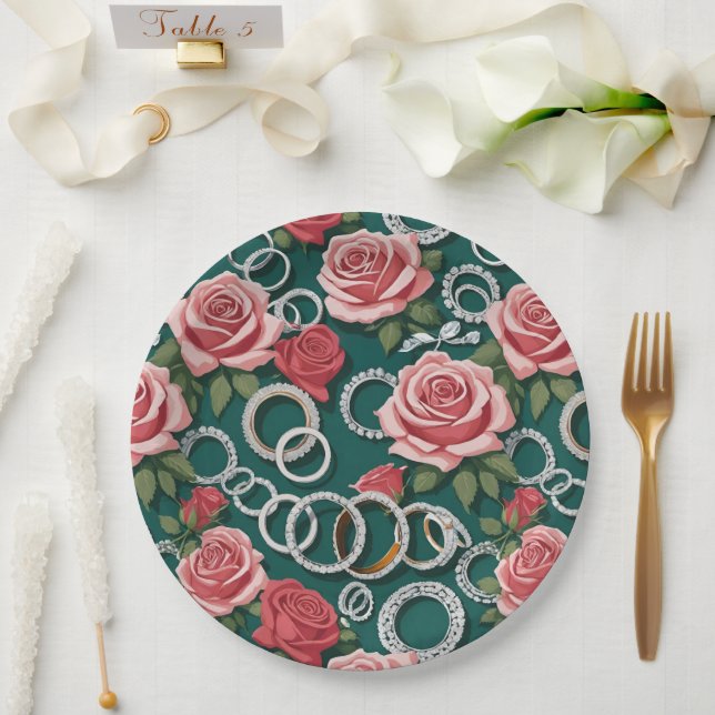 Romantic Roses And Sparkling Diamond Wedding Rings Paper Plate (Wedding)