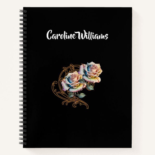 Romantic roses and swirls with editable name notebook (Front)