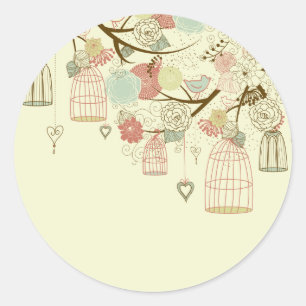 Romantic Roses, birds, birdcages, Floral Vintage Classic Round Sticker