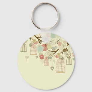 Romantic Roses, birds, birdcages, Floral Vintage Key Ring