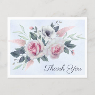 Romantic Roses  Blue Watercolor Thank You Postcard