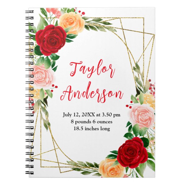 Romantic Roses Floral Baby Birth Stats Notebook (Front)