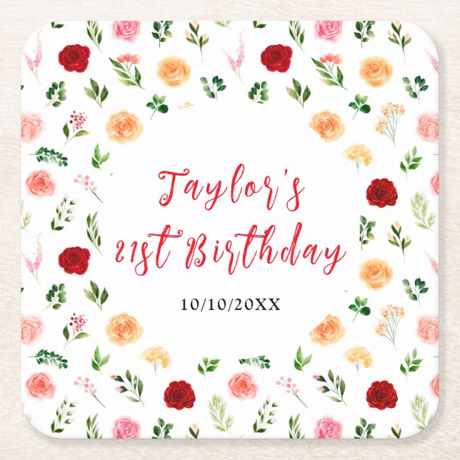 Romantic Roses Floral Birthday Square Paper Coaster (Front)