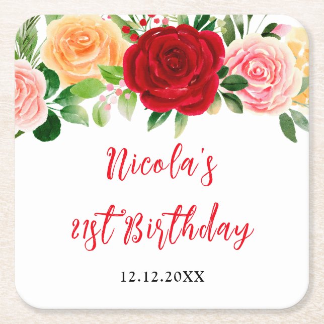 Romantic Roses Floral Birthday Square Paper Coaster (Front)