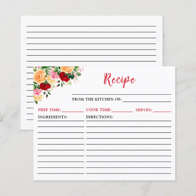 Romantic Roses Floral Recipe Card (Front/Back)